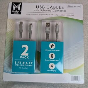 USB Lightning Cables  Silver NWT Braided 2 Pack 3ft 6ft